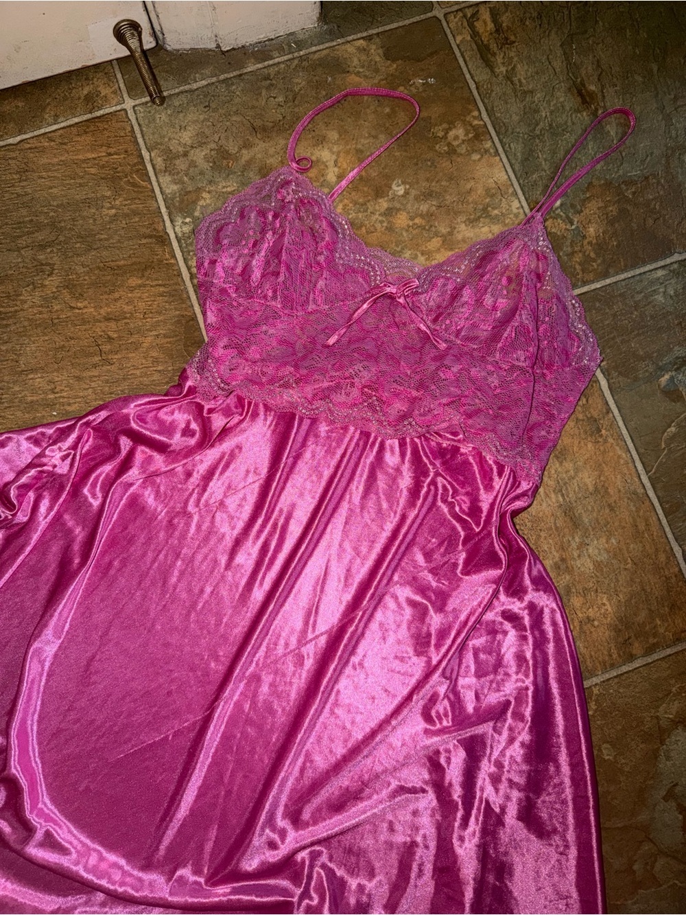 Lace-Trim Hot Pink Satin Chemise Slip